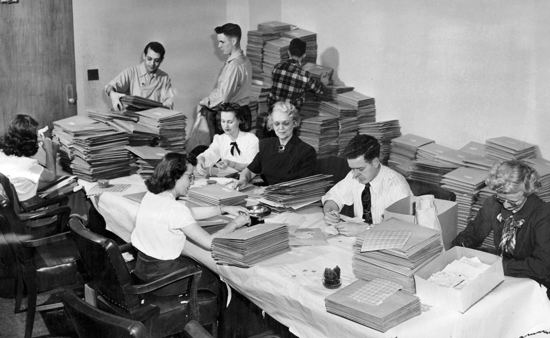 The World-Herald mailing crew trying to catch up with orders for copies of the special editions "Blizzard of '49" and "Operation Snowbound" on March 17, 1949